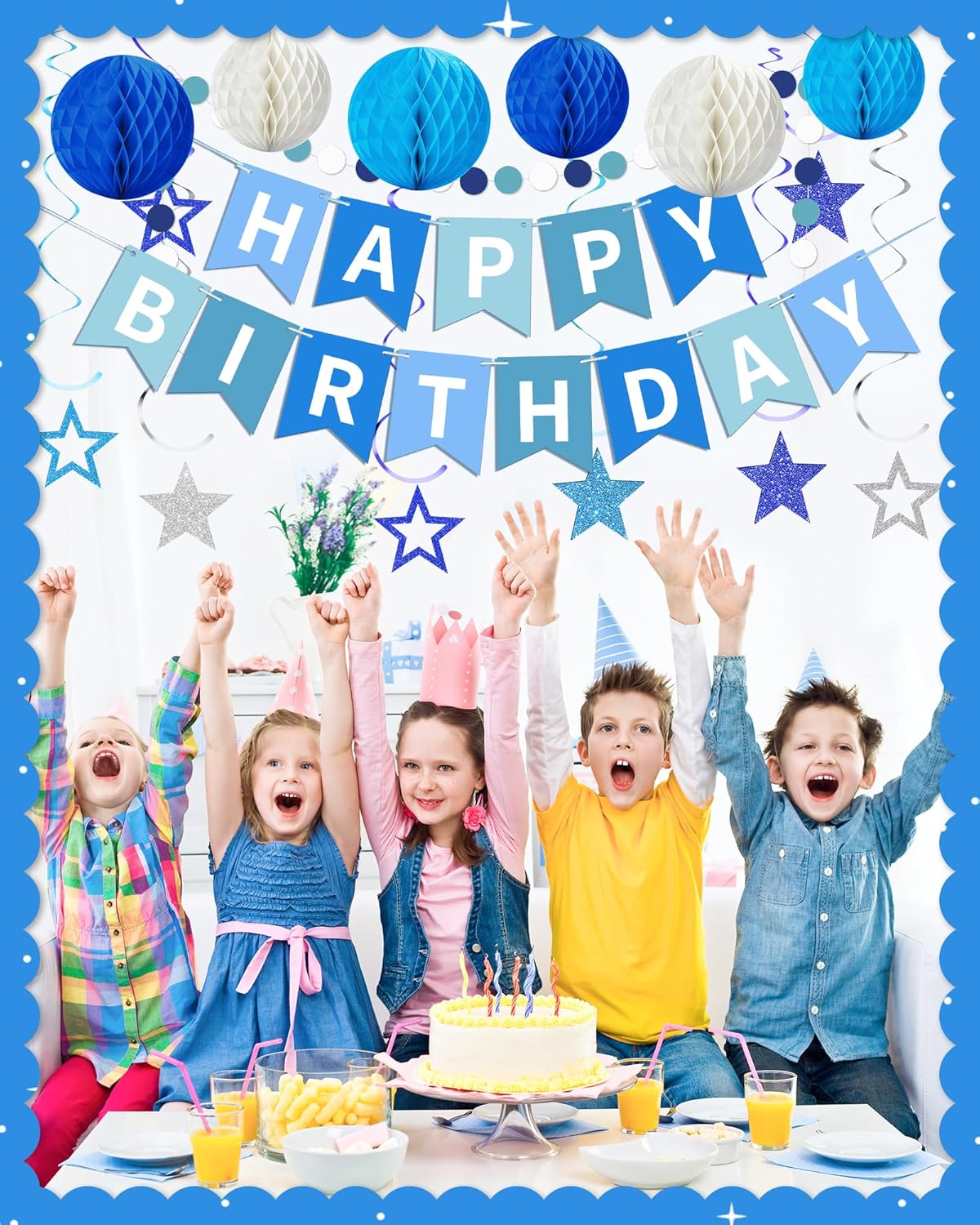 Blue Happy Birthday Decorations, Happy Birthday Banner with Honeycomb Balls, Stars Hanging Swirl Streamers, Dots Garland, Party Decorations for Men Boys Women Girls