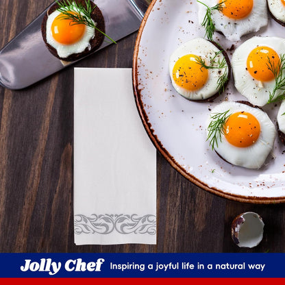 JOLLY CHEF 100 Disposable Hand Towels, Soft and Absorbent Linen Feel Dinner Napkin, Elegant Decorative Paper Guest Towels for Kitchen, Bathroom,Thanksgiving, Weddings,Parties, Gold and White