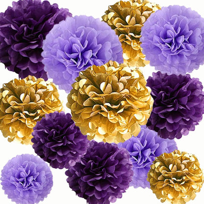 12Pcs Purple and Gold Hanging Tissue Paper Pom Poms,Pompoms Flowers for Ceiling Party Decorations(Purple,Light Purple,Gold)
