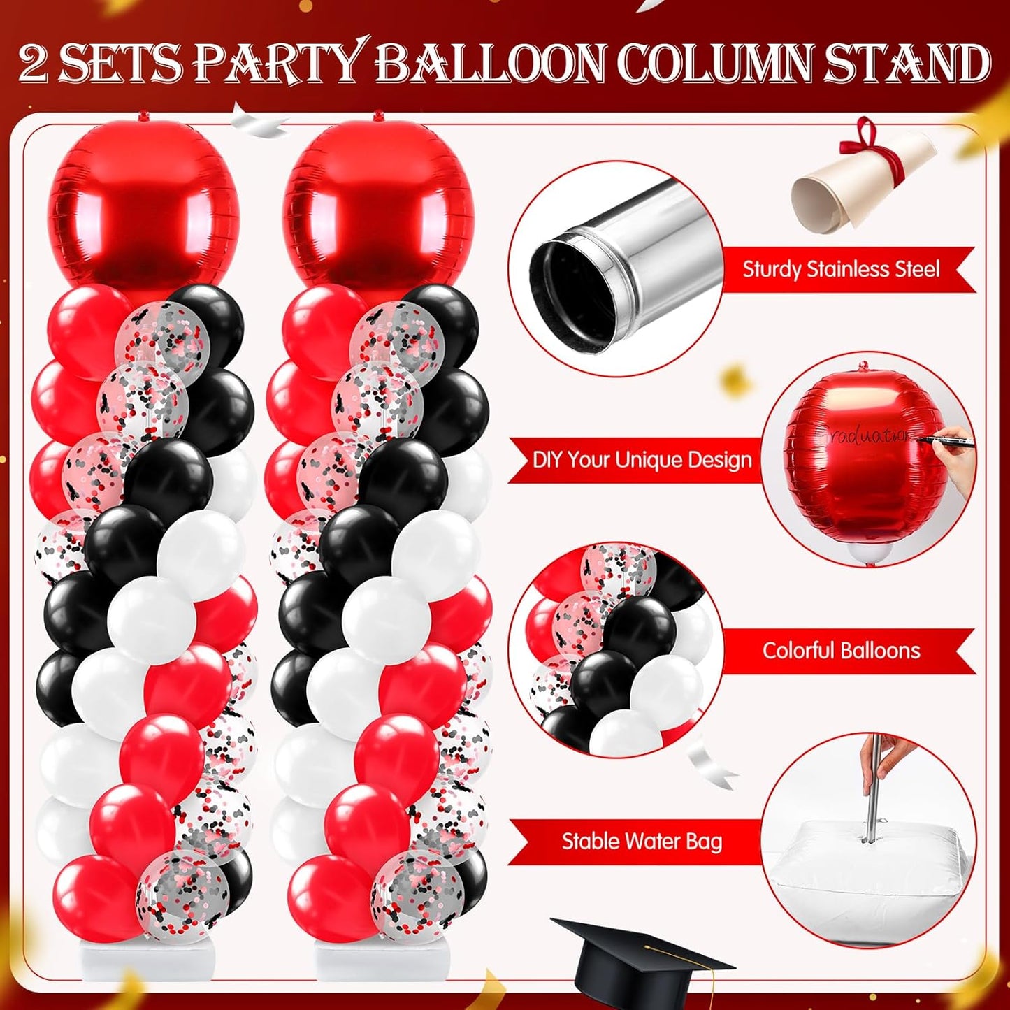 2 Sets Blue and Black White Graduation Balloon Column Stand Kit for Class of 2026, Adjustable Floor Balloon Arch Tower with Foil & Latex Balloons, DIY Decor for Grad Ceremony Backdrop