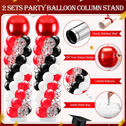 2 Sets Blue and Black White Graduation Balloon Column Stand Kit for Class of 2026, Adjustable Floor Balloon Arch Tower with Foil & Latex Balloons, DIY Decor for Grad Ceremony Backdrop