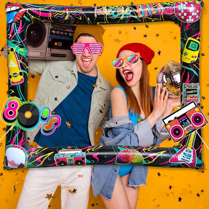 21Pcs Back to The 80s Inflatable Selfie Photo Frame & Props Set 1980s Retro Party Picture Frame I Love 80s Party Selfie Props for 1980s Throwback Birthday Back to 90S 80S Neon Party Supplies