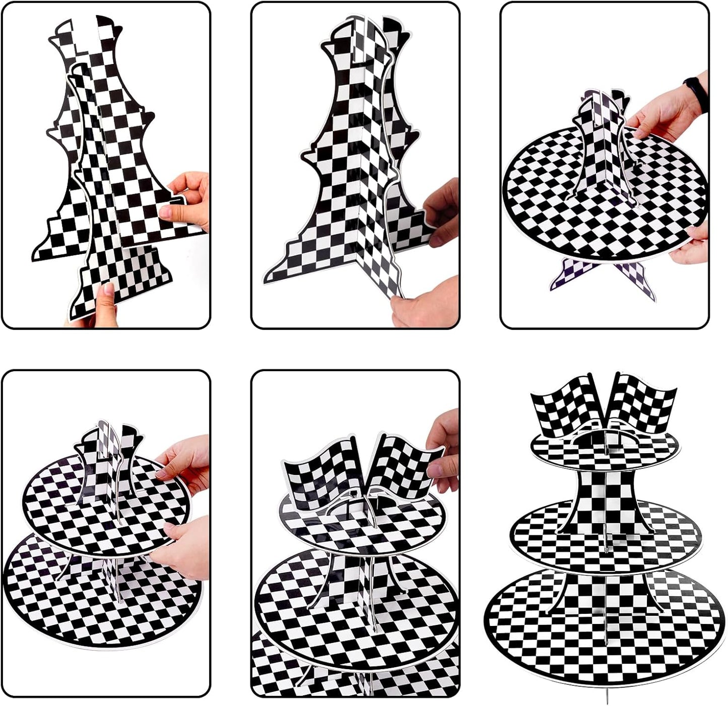 3-Tier Round Cardboard Cupcake Stand Holder, Racing Car Theme Birthday Party Decorations Supplies, Black and White Checkered Dessert Display Stand Tower