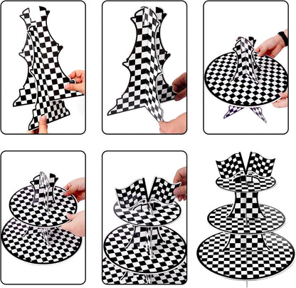 3-Tier Round Cardboard Cupcake Stand Holder, Racing Car Theme Birthday Party Decorations Supplies, Black and White Checkered Dessert Display Stand Tower