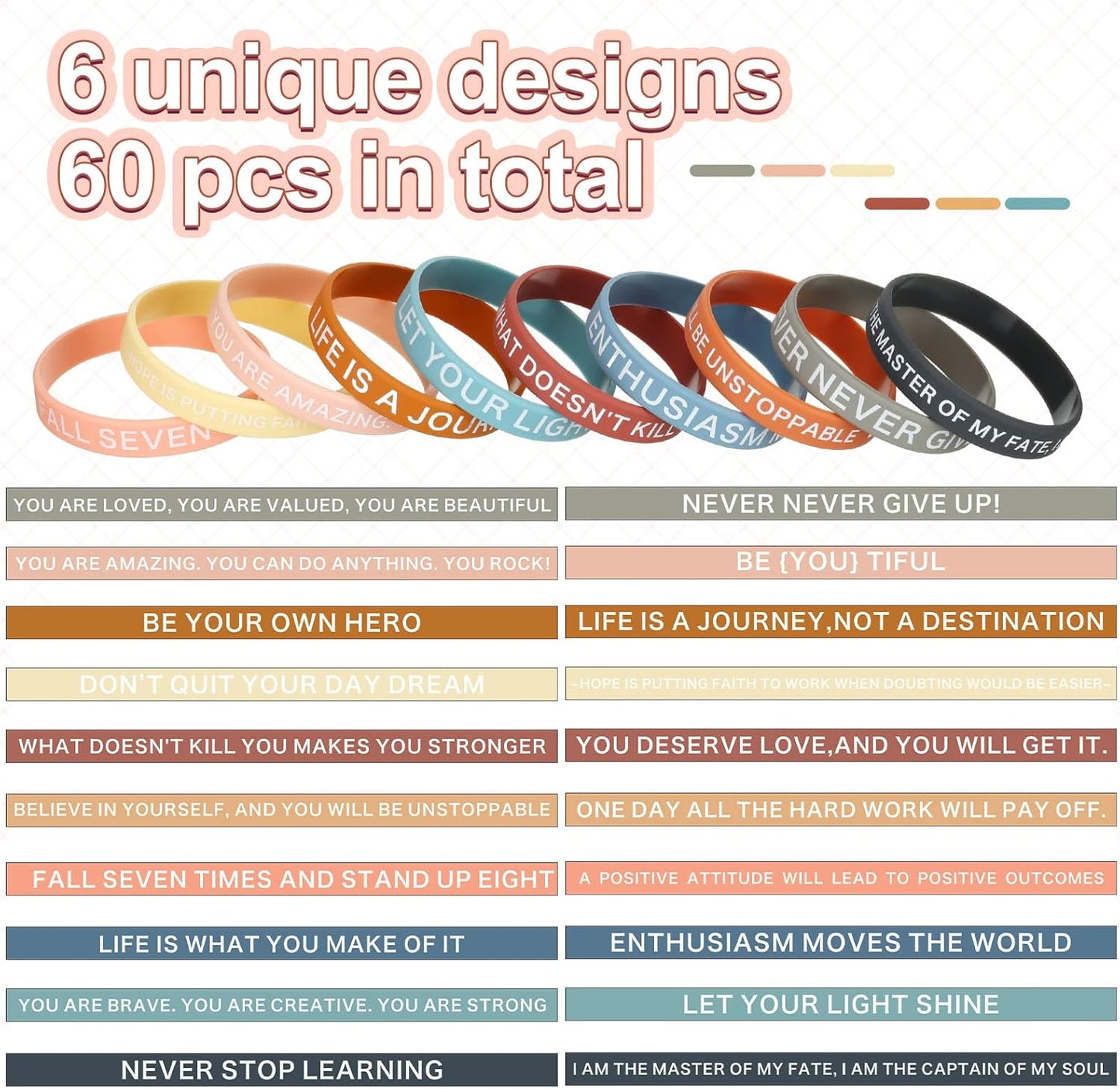 60 Pieces Motivational Quote Rubber Wristbands Colored Inspirational Silicone Bracelets Stretch Unisex Wristbands for Women Men Gifts, 20 Styles