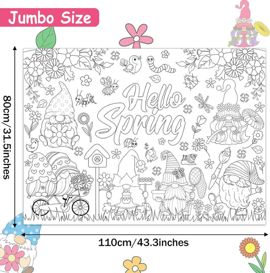 Naozinebi Hello Spring Coloring Poster for Kids Giant Coloring Poster Large Spring Gnome Coloring Tablecloth Jumbo Coloring Books for Classroom Home Birthday Party Supplies Favor