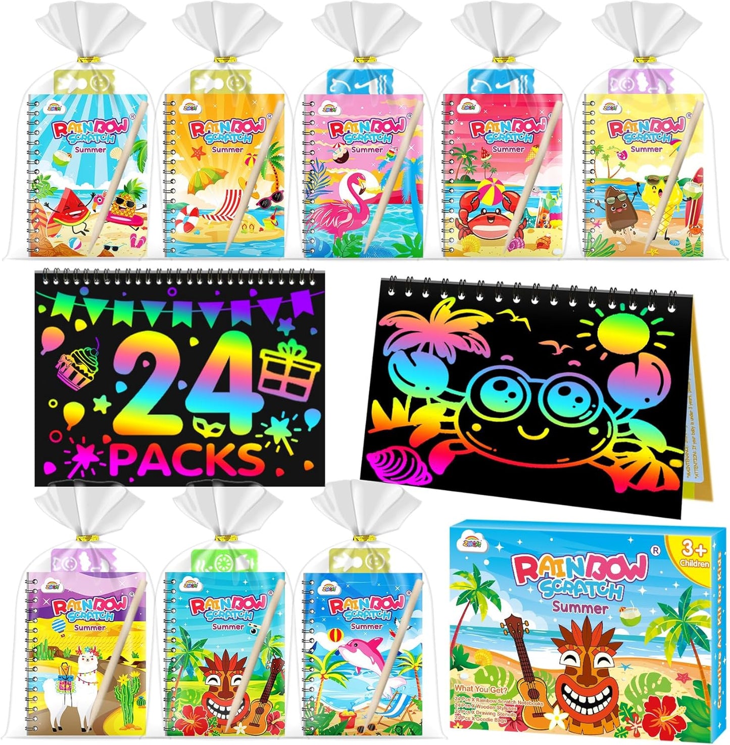 ZMLM 24 Pack Scratch Art Party Favors: Birthday Party Favors for Kids 4-8, Bulk Rainbow Scratch Notebook Paper Pads, Goodie Bags Stuffers Girls Boys Classroom Gifts Crafts Toys