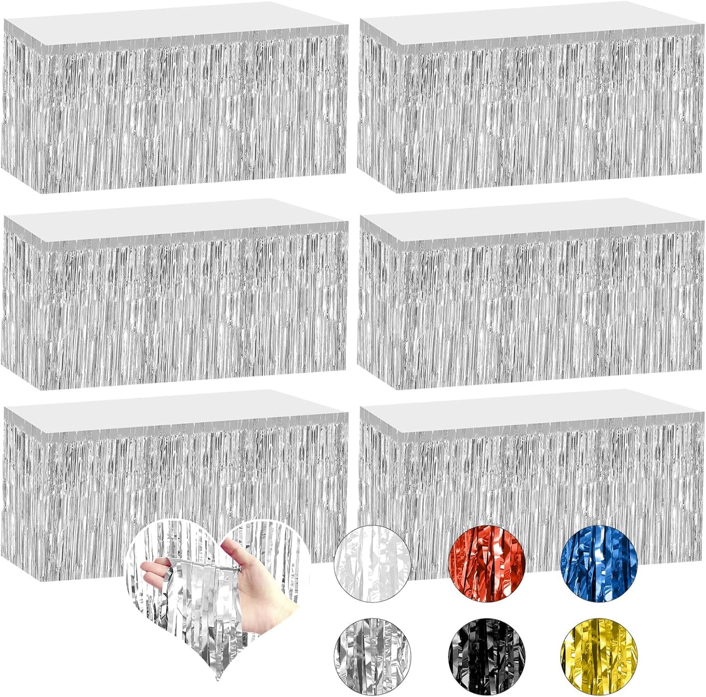 2 Pack 29.5x108 Inch Silver Foil Tinsel Fringe Table Skirts, Disposable Table Skirts for Rectangle Tables Curtains Backdrop Parade Wedding Floats Baby Shower Birthday Mardi Gras Party