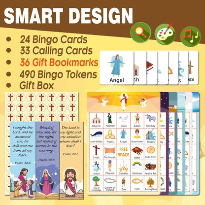 GRANDLMOON Bible Bingo Game 24 Players 6 Designs Christian Bible Bingo Card Religious Game Activities for Vacation Bible School Christian Sunday Church Easter Gift Family Open Day Supplies Box