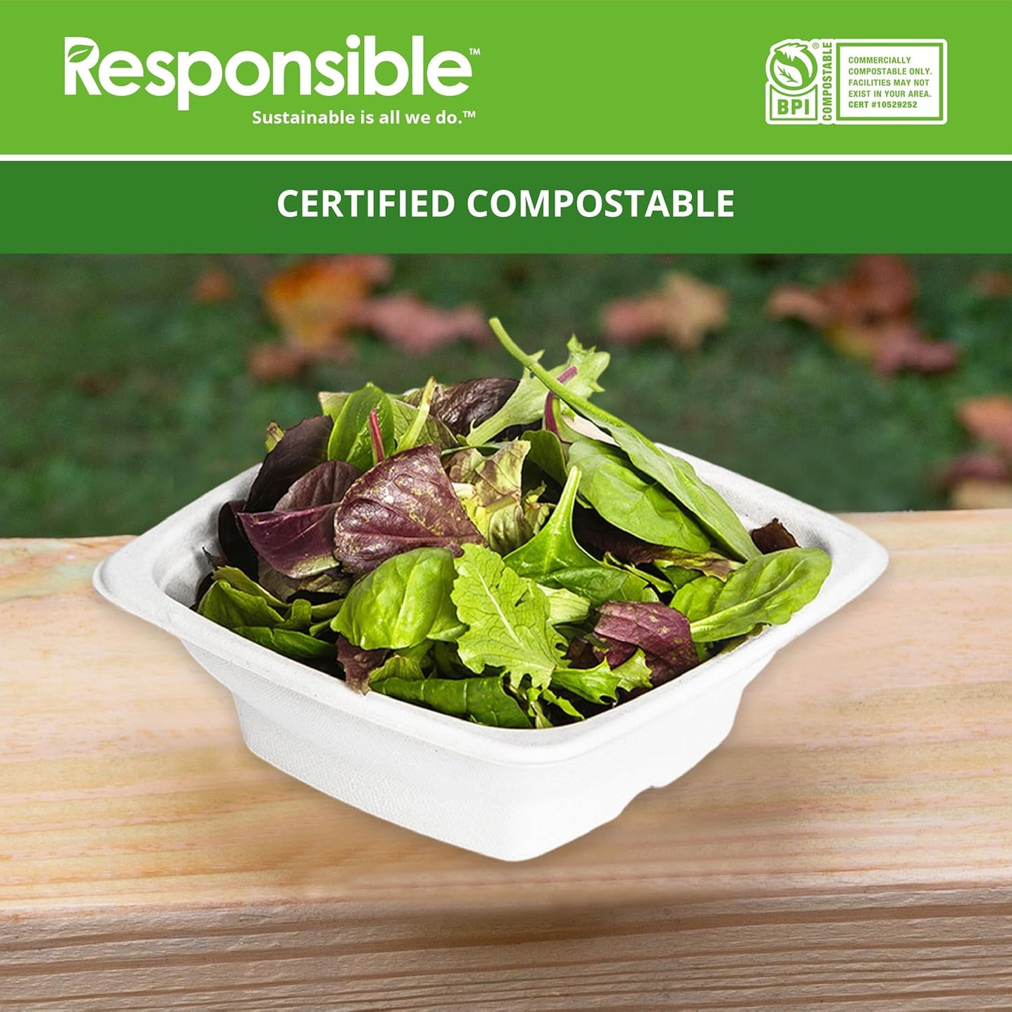 Responsible Products 100% Compostable Square Serving Bowls, 48 oz Disposable Paper Bowls, Microwave Safe, Freezer Safe, Soup Safe, No Plastic, Eco-Friendly, Tree-Free, No PFAS. White (50 Count)