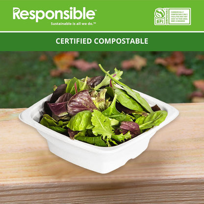 Responsible Products 100% Compostable Square Serving Bowls, 48 oz Disposable Paper Bowls, Microwave Safe, Freezer Safe, Soup Safe, No Plastic, Eco-Friendly, Tree-Free, No PFAS. White (50 Count)