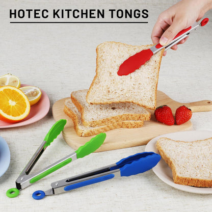 Hotec Mini Silicone Kitchen Tongs for Cooking - 7-Inch Small Serving Tongs with Silicone Tips, Set of 3 (Blue)