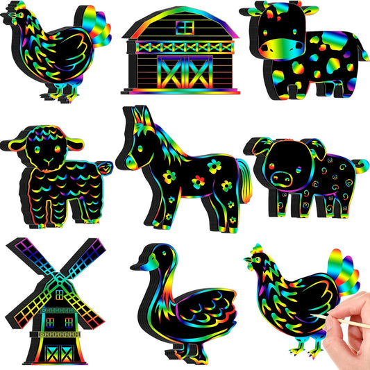 RoundFunny 80 Pcs Farm Animal Scratch Cards Farmhouse Crafts Kids Colorful Scratch Paper for DIY Art Kit with 80 Pcs Stick and Ribbon for Party Ornaments Favors