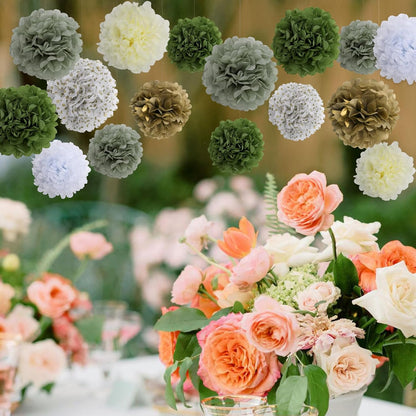 BestoFun 16 PCS Sage Green Party Decorations Tissue Paper Flowers Christmas Party Decors Hanging Pom Poms Decorations for Xmas New Year Winter Holiday Decorations