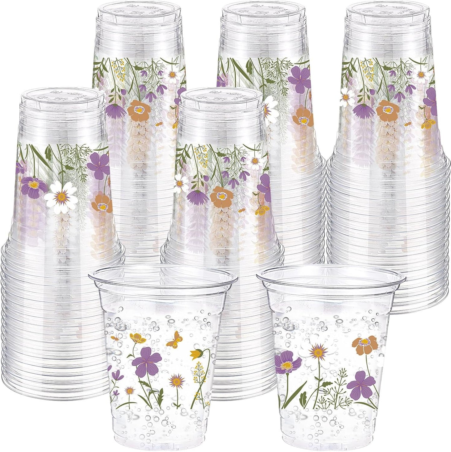 Hushee 60 Pcs Purple Floral Cups with Spring Summer Flower 16 oz Wildflowers Plastic Disposable Drinking Cups for Summer Spring Birthday Baby Shower Wedding Party Supplies