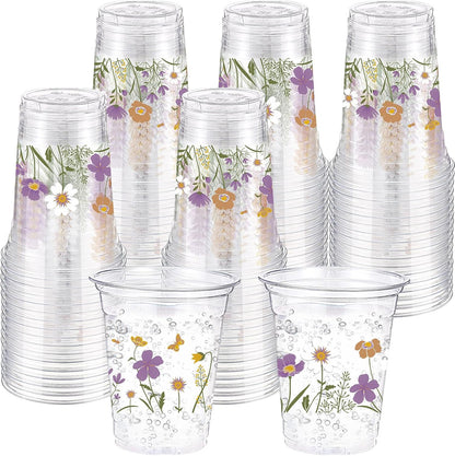 Hushee 60 Pcs Purple Floral Cups with Spring Summer Flower 16 oz Wildflowers Plastic Disposable Drinking Cups for Summer Spring Birthday Baby Shower Wedding Party Supplies