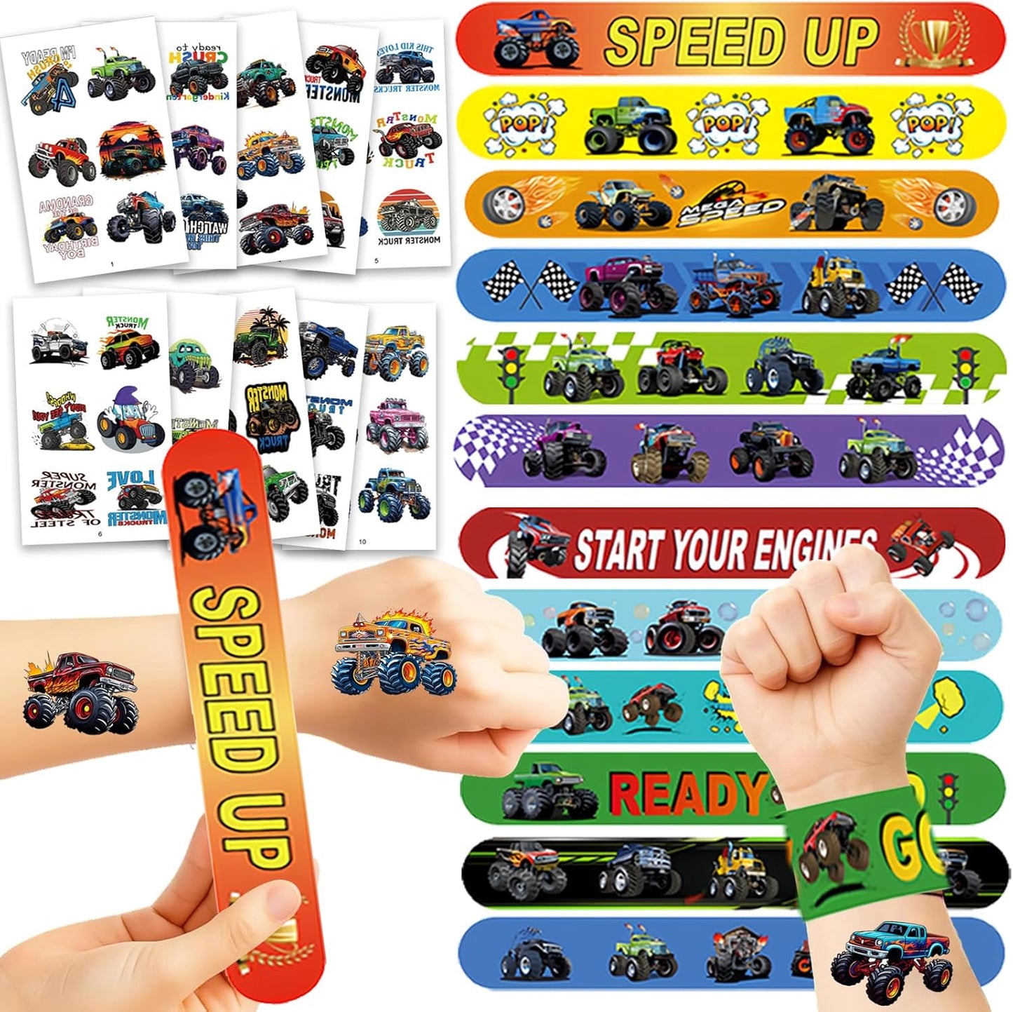 84PCS Engeering Vehicle Party Favors Set – 24pcs Slap Bracelets & 60pcs Temporary Tattoos with Construction Vehicle Designs, Engeering Theme Party Supplies for, Truck Decorations