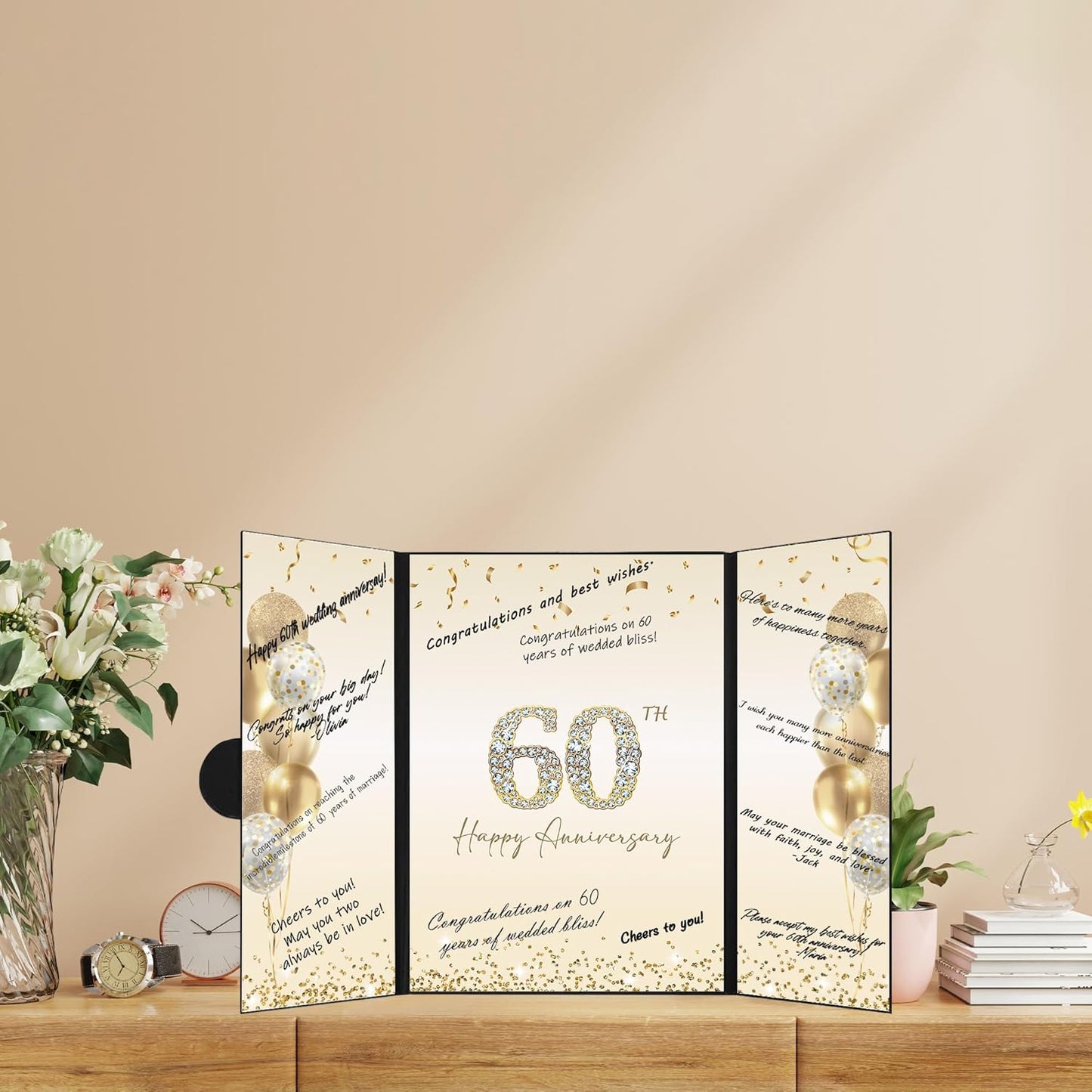 DARUNAXY Black Gold Happy Anniversary Party Decorations, Happy Anniversary Alternative Signature Guest Book Wedding 1st 10th 40th 50th Anniversary Signing Card Board Party Supplies