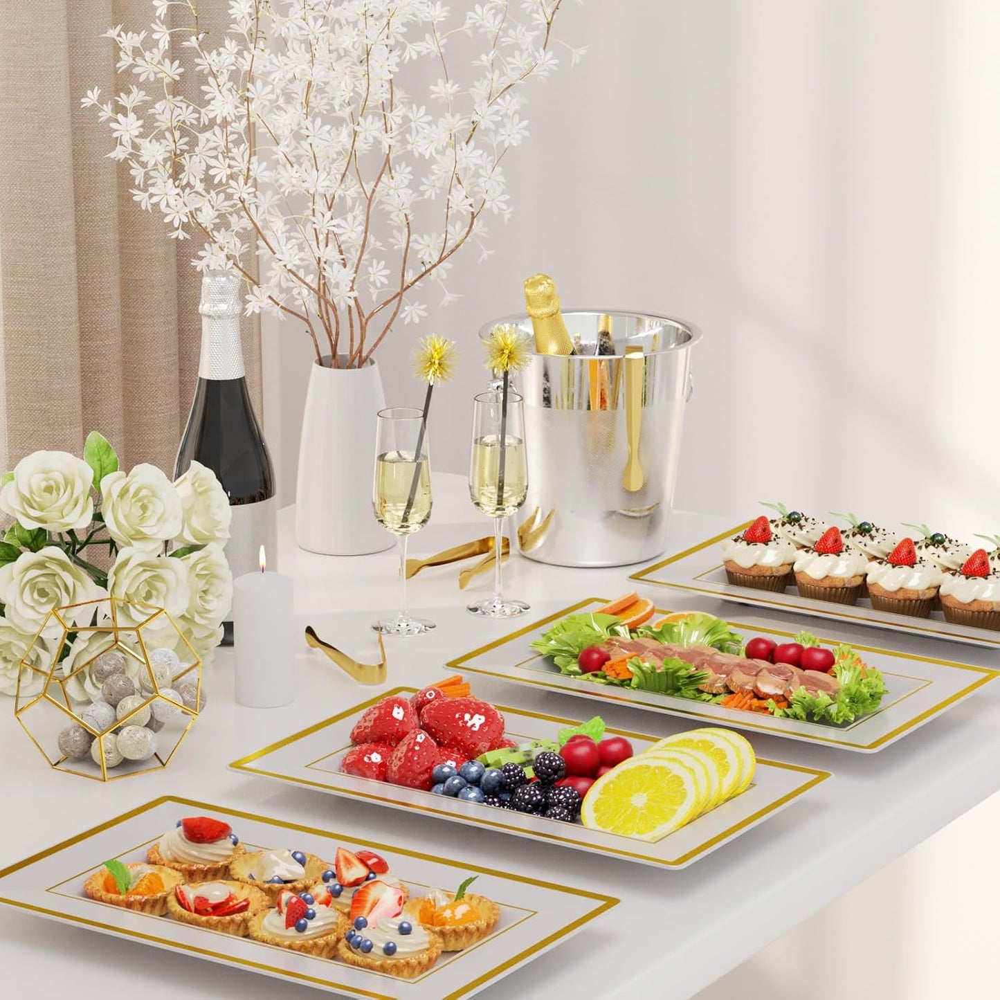 6 Sets Plastic Serving Trays with Serving Tongs, White & Gold Rim Disposable Plastic Serving Platters for Food Fruit Dessert Tea Party Wedding