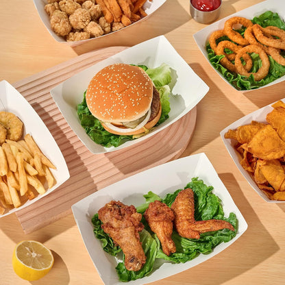 ECOLipak 100 Pack 3lb Paper Food Tray Red, Disposable Paper Boats, Food Holder Trays, Serving Boats for Taco Nacho Hot Dog Snack Fries Dessert Popcorn Sauce