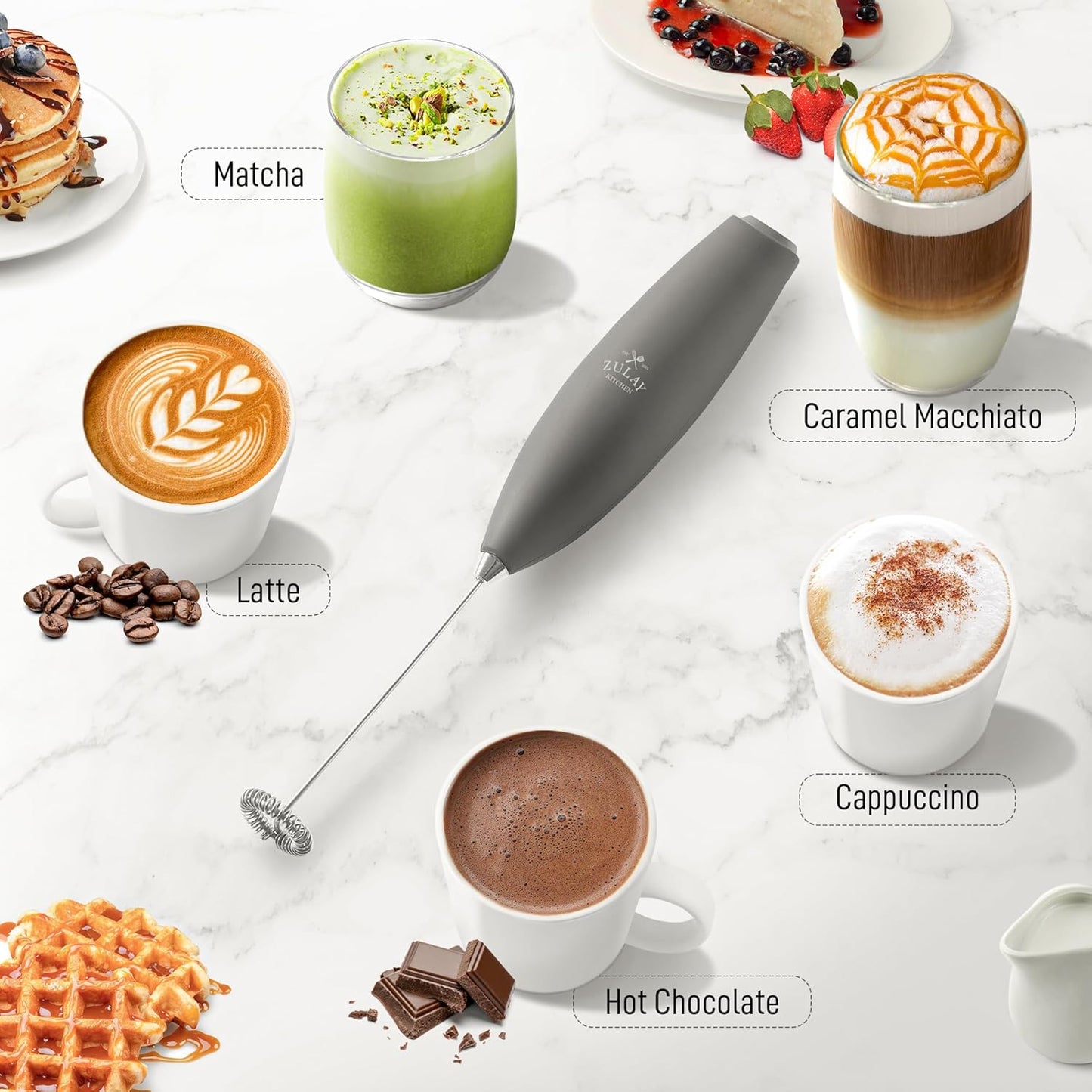 Zulay Kitchen Powerful Milk Frother AA Batteries Included – Ultra Fast Handheld Drink Mixer with Stainless Steel Whisk Stirrer for Coffee, Protein, Matcha & More, Frother Wand Electric Frothmate Black - Colors E