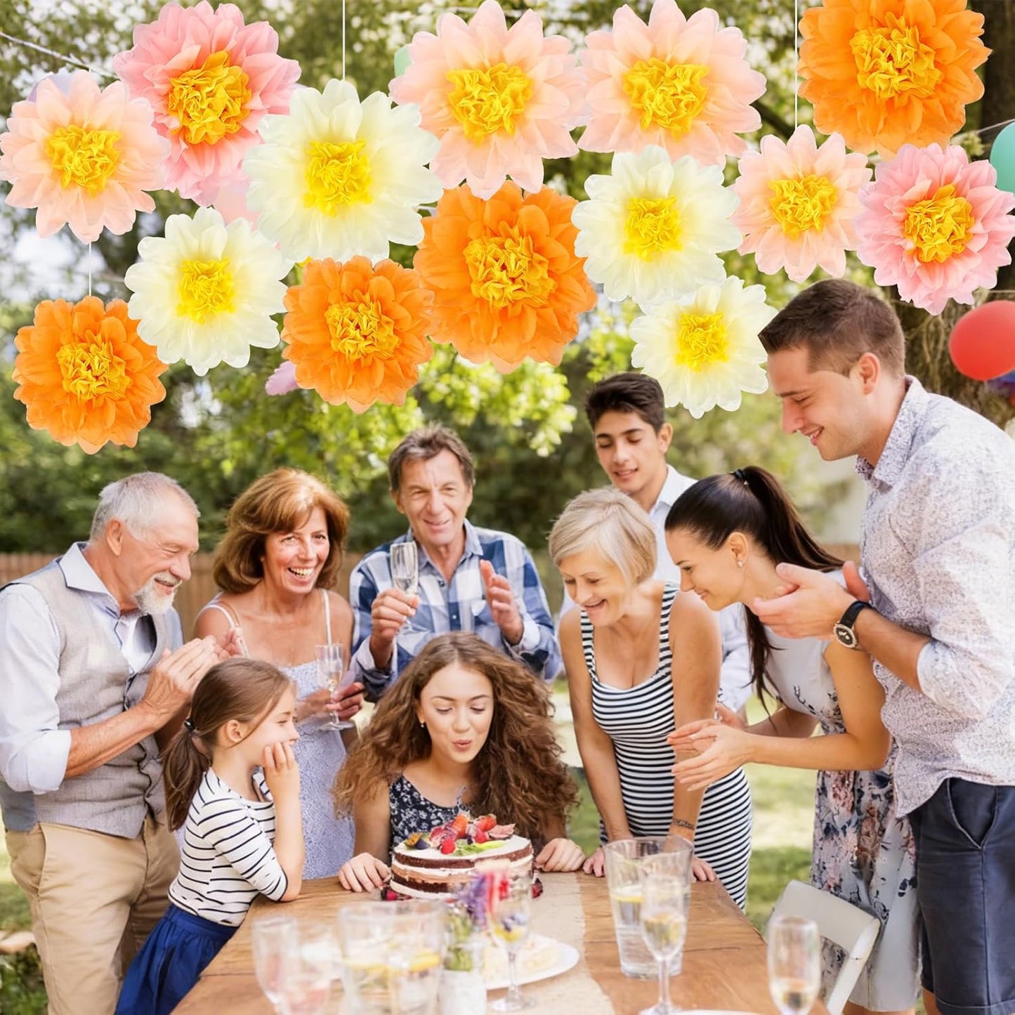 BestoFun 14 PCS Orange & Hot Pink Tissue Paper Flowers – Vibrant Party Decorations for Birthday, Baby Shower, Wedding, Fiesta, and Holiday Events