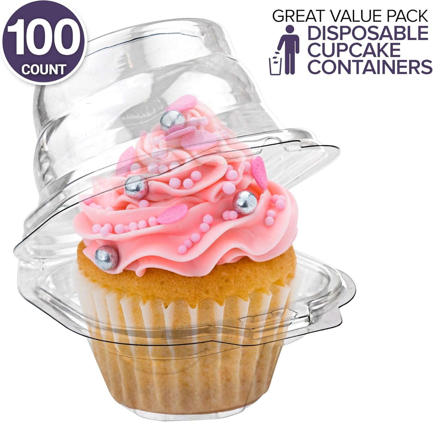 Stock Your Home Individual Cupcake Containers, 50 Pack, Cupcake Holder with Lid, Plastic Single Cupcake Container, Muffin Container, Stackable, BPA Free