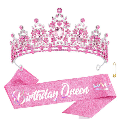 Atoden Green Birthday Crown and Sash Tiara for Women and Girls, Crystal Rhinestone Tiara for Birthday Party, Wedding, Quinceanera, Prom, Festival, EF8277