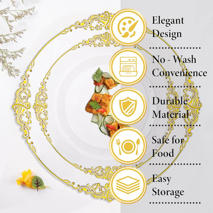 Nervure 350PCS Gold Plastic Plates - Gold Plastic Dinnerware Sets for 50 Guests - 100 Disposable Plates, 150 Silverware, 50 Cups, 50 Napkins for Wedding & Party & Mothers Day
