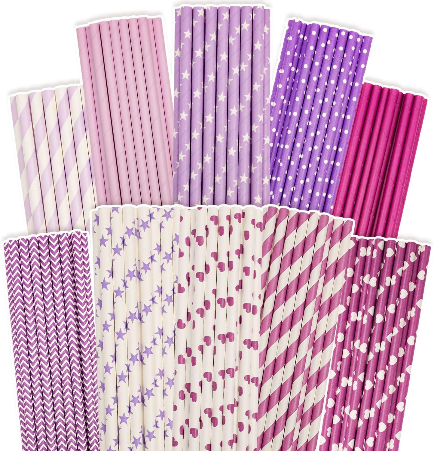 Pink Paper Straws 150pcs Disposable Straws Bulk (10 Pattern) qiqee