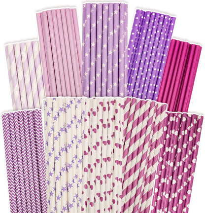 Pink Paper Straws 150pcs Disposable Straws Bulk (10 Pattern) qiqee