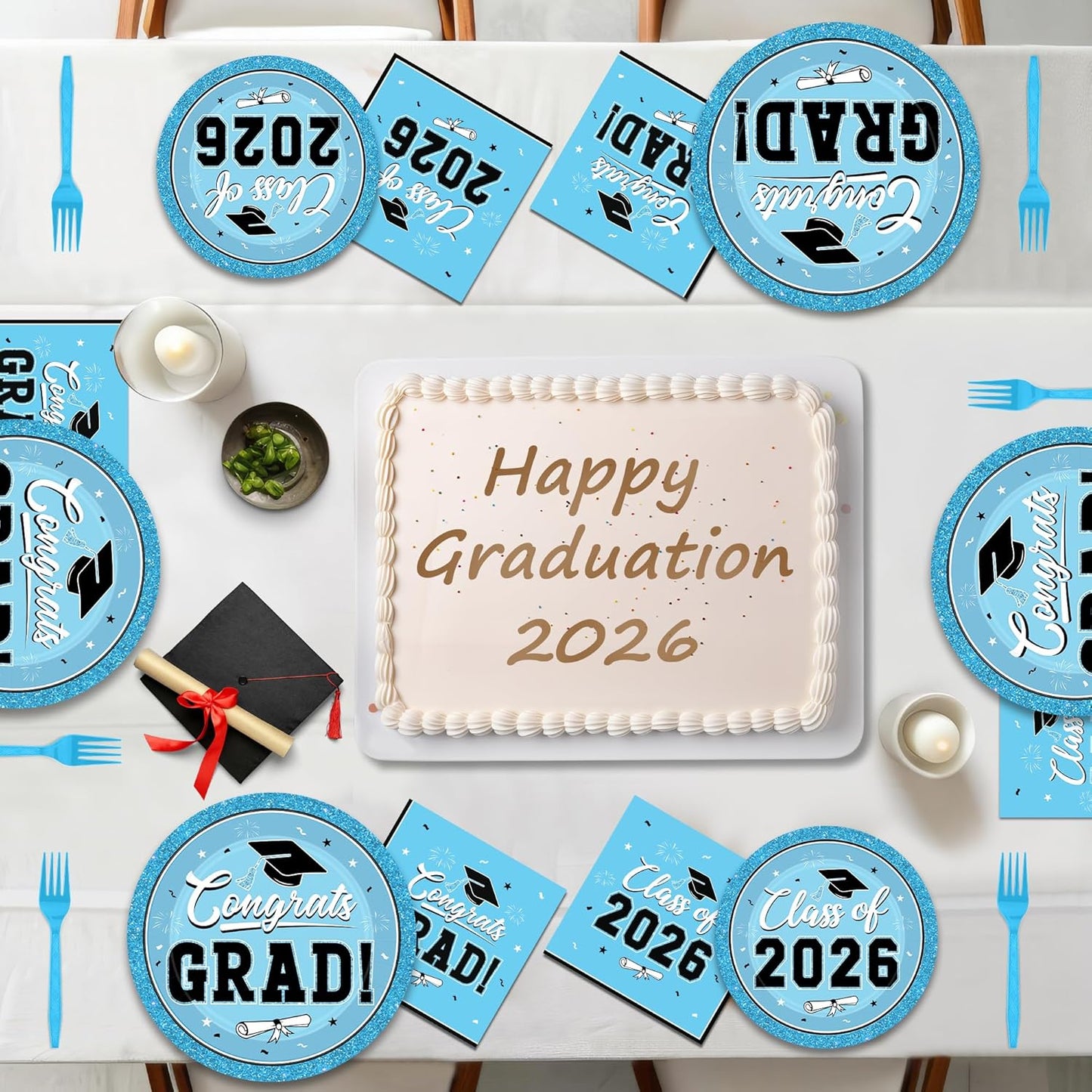 200Pcs Graduation Decorations 2026, Blue Graduation Plates and Napkins Party Supplies for 50 Guests, Disposable Grad Plates, Napkins, Dessert Plates and Forks for Grad Decor Wedding Birthday Supplies