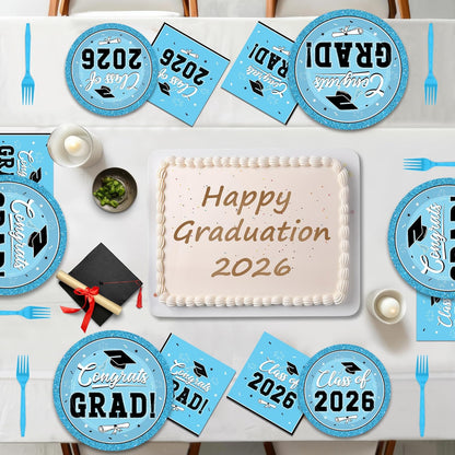 200Pcs Graduation Decorations 2026, Blue Graduation Plates and Napkins Party Supplies for 50 Guests, Disposable Grad Plates, Napkins, Dessert Plates and Forks for Grad Decor Wedding Birthday Supplies