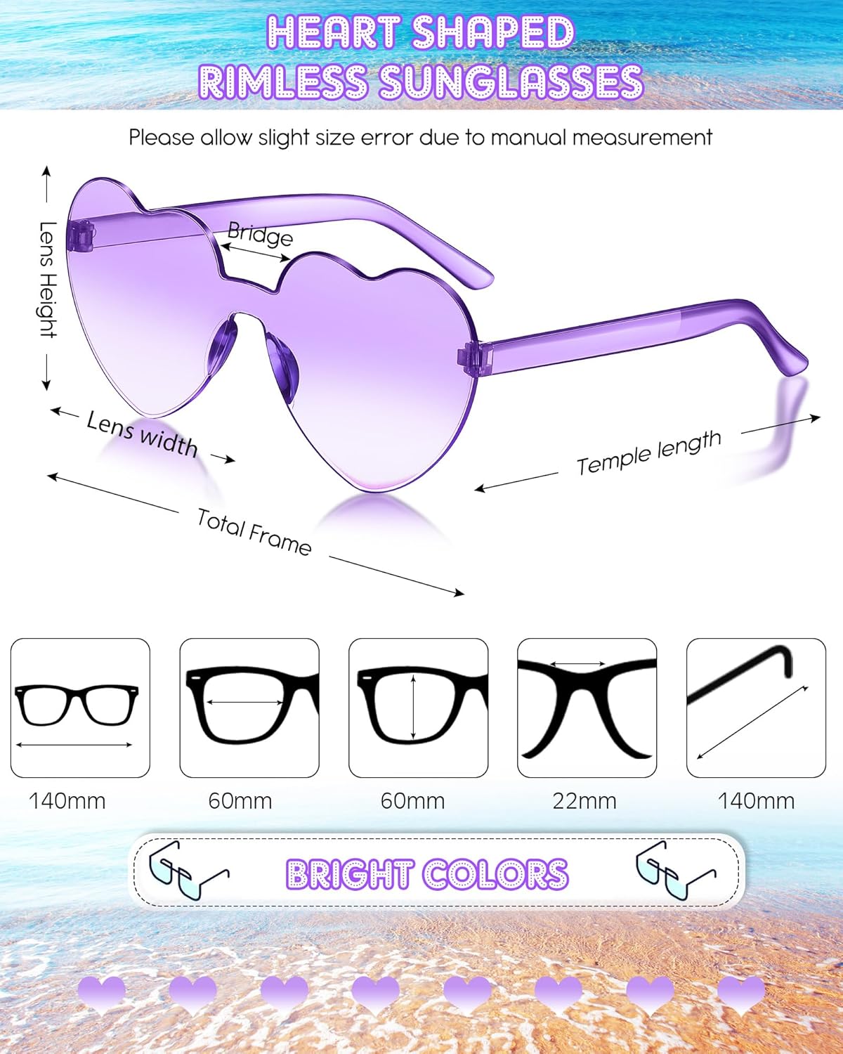 Frienda 8 Pairs Heart Shaped Sunglasses for Women Rimless Heart Glasses Candy Color Sunglasses for Party Favor