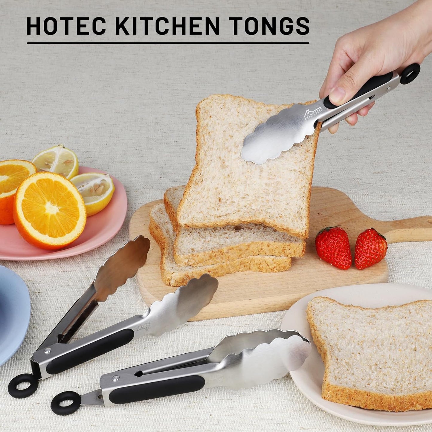 Hotec Stainless Steel Kitchen Tongs, Set of 2-9", Locking Metal Food Tongs for Cooking, Serving, BBQ, Grill Non-Slip Grip