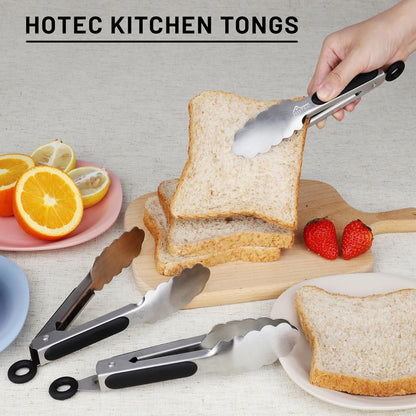 Hotec Stainless Steel Kitchen Tongs, Set of 2-9", Locking Metal Food Tongs for Cooking, Serving, BBQ, Grill Non-Slip Grip
