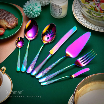 Xideman® 7-Piece Hammered 18/10 Stainless Steel Silverware Serving Utensil Set - Hostess Flatware with Cake Knife & Cake Server (Champagne Gold)