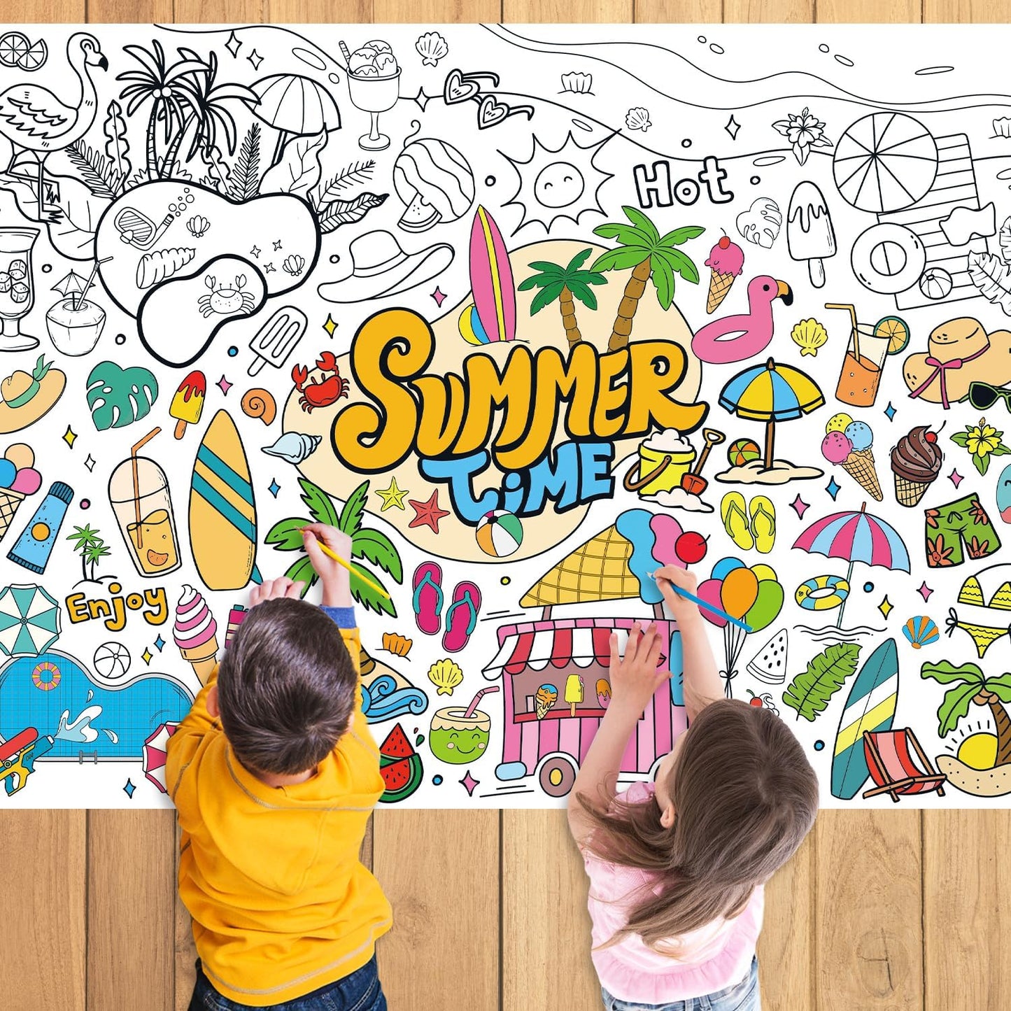 43.3x31.5 Summer Coloring Poster with Picture, Giant Cute Painting Poster, Large Coloring Tablecloth for Classroom Home Birthday Party Supplies Favor