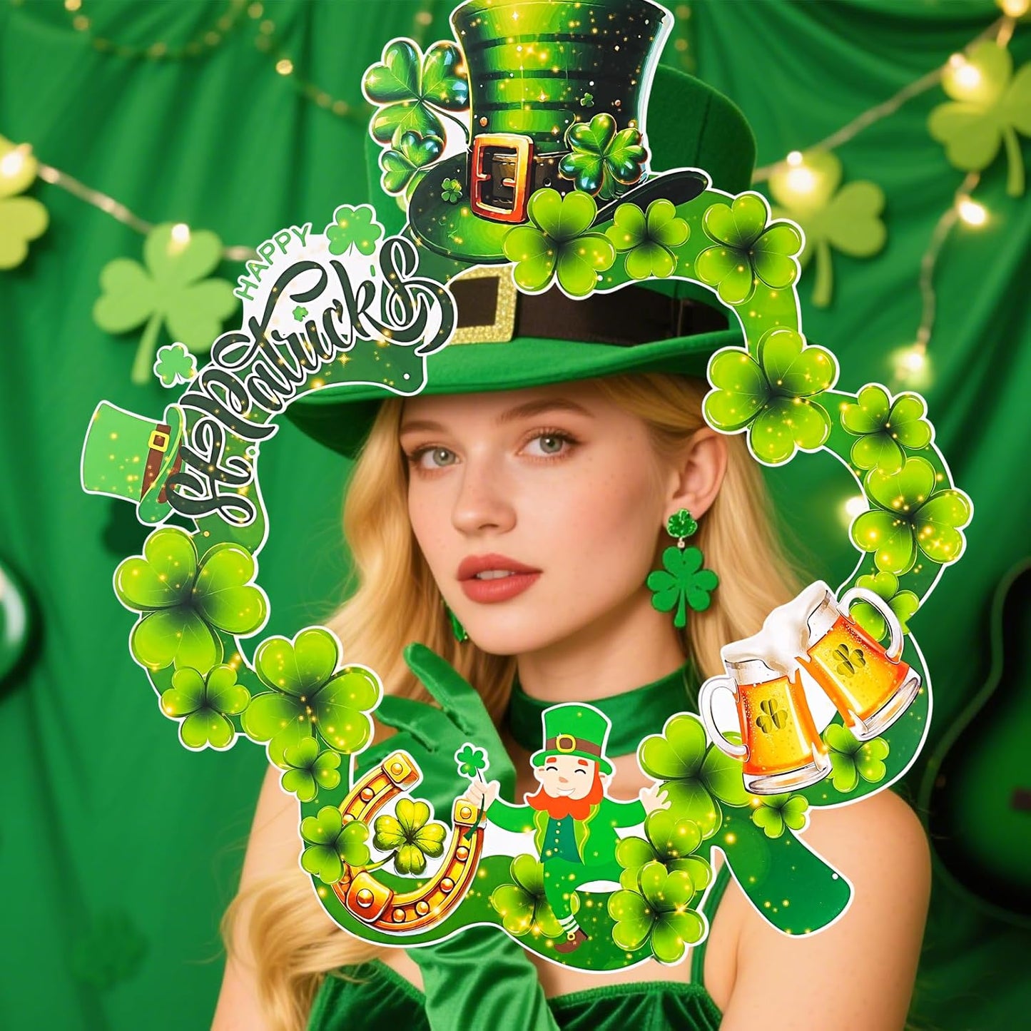 St Patrick's Day Photo Booth Frame, Green Shamrock Selfie Photo Props, Irish Clover Party Photography Decoration Supplies