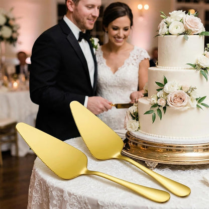 Gold Cake Knife and Server Set of 2, 9" Stainless Steel Serrated Cake Cutter and Spatula for Cutting & Serving Wedding Cake, Dessert, Pie, Pizza - Dishwasher Safe Cake Cutting Set