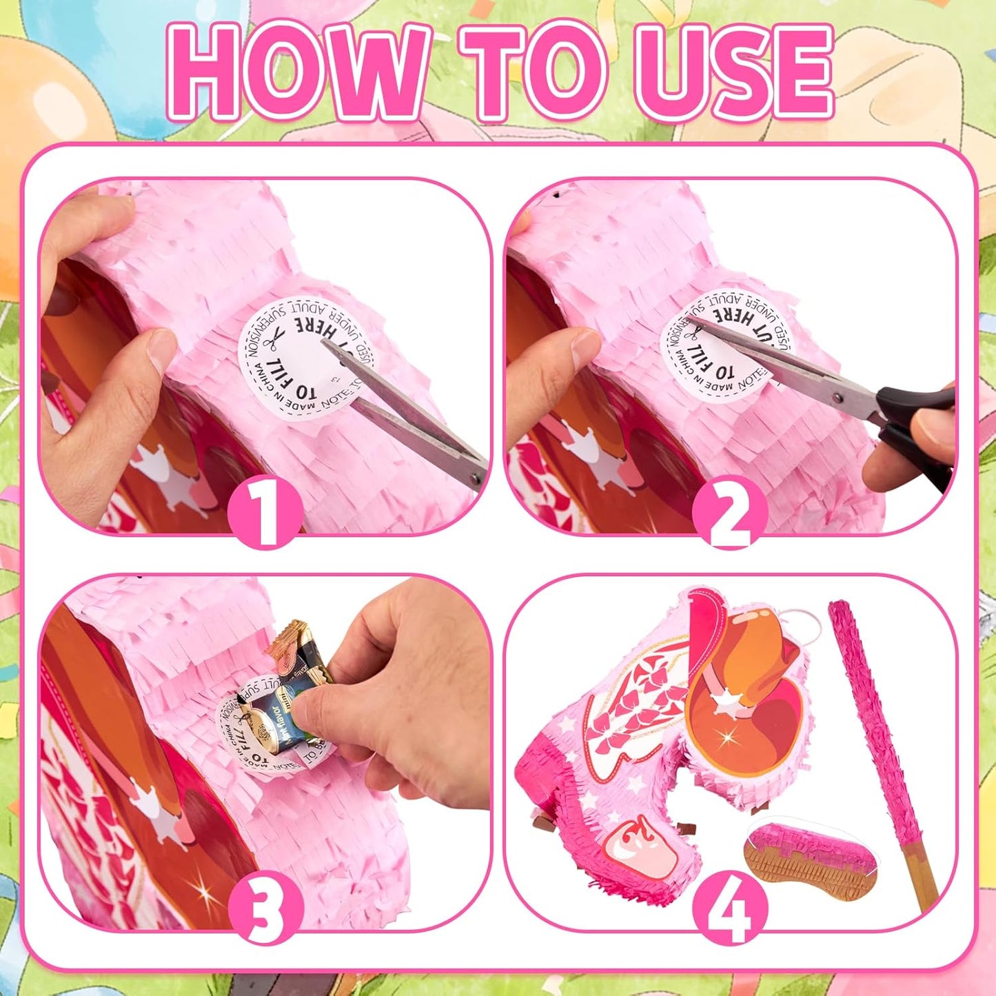 Pink Cowgirl Boot Piñata Set with Bat and Blindfold, 15.7 x 11 in Western Cowgirl Birthday Party Decorations, Girls Theme Party Piñata for Candy & Treats