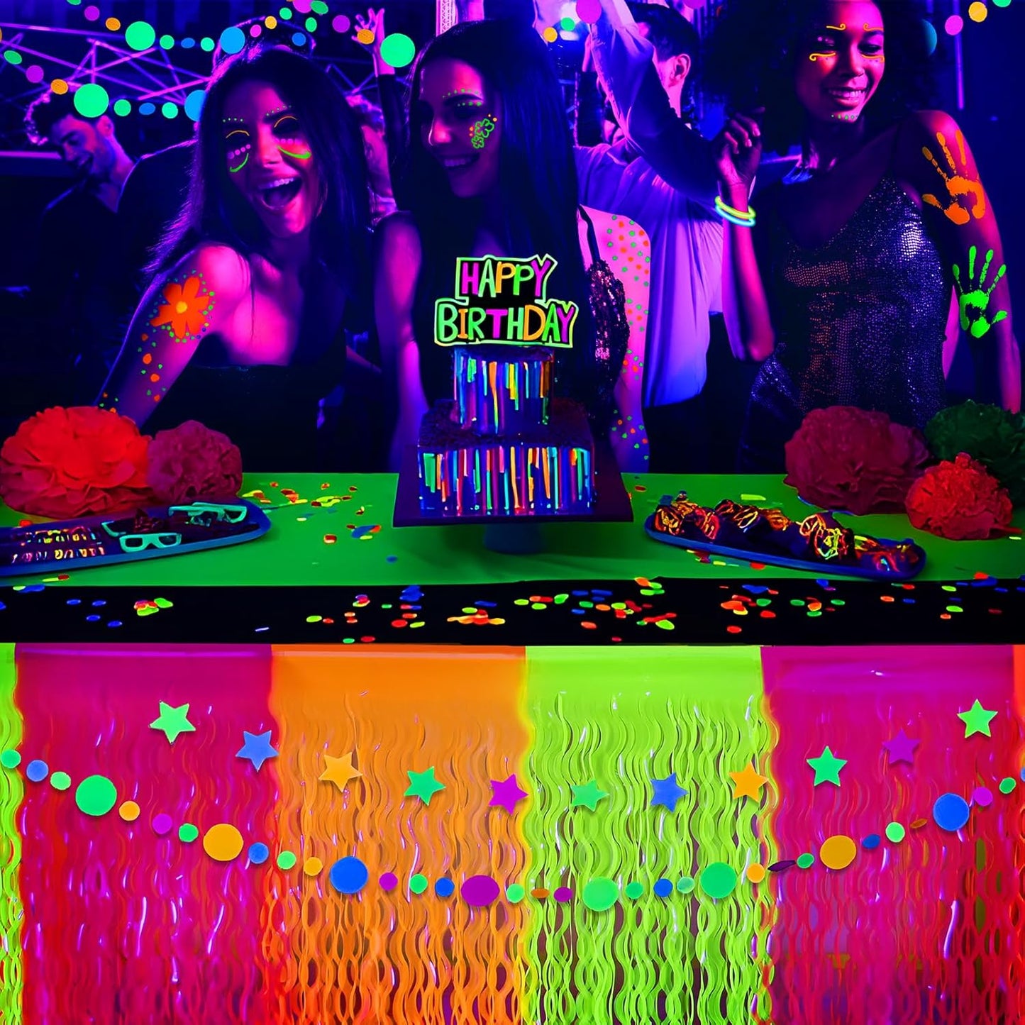 Mega-L Glow in The Dark Party Supplies, 2 Pack Neon Party Decorations Fluorescent Macaron Orange, Yellow and Fuchsia Wavy Metallic Tinsel Foil Fringe Table Skirts, Perfect Glow Birthday Party Decor