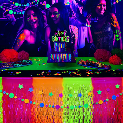 Mega-L Glow in The Dark Party Supplies, 2 Pack Neon Party Decorations Fluorescent Macaron Orange, Yellow and Fuchsia Wavy Metallic Tinsel Foil Fringe Table Skirts, Perfect Glow Birthday Party Decor