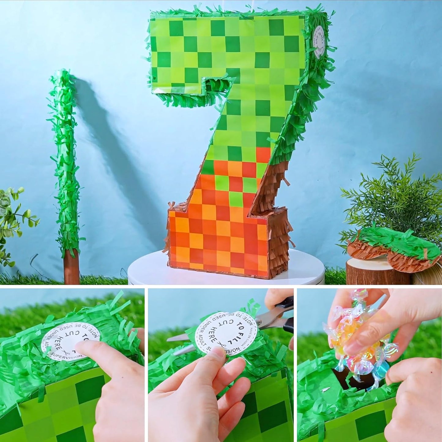 Pixel Number 7 Birthday Pinata with Blindfold Stick 16.4 Inch Block Style Pinata Fillable for Candy and Treats Hanging Mexican Birthday Party Decorations Video Game Party Supplies