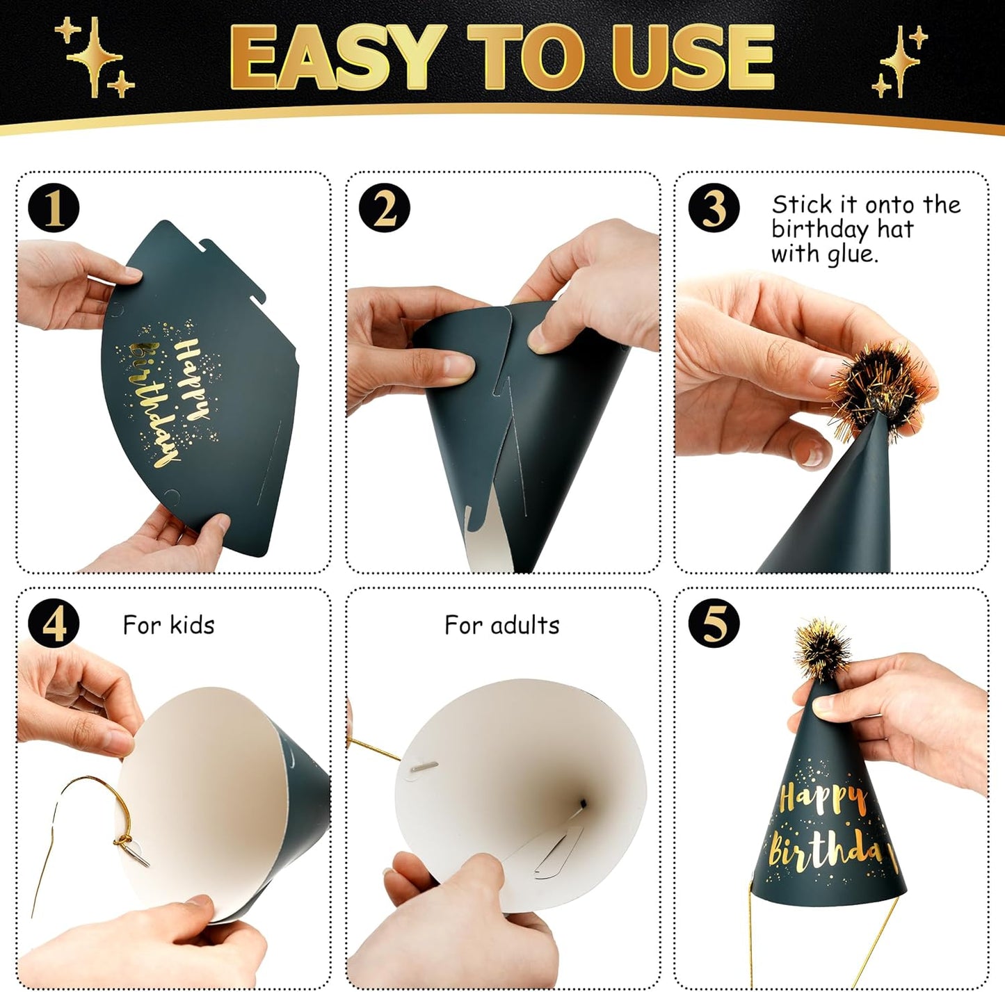JOYEONDEF 30 Pcs Gold Birthday Party Hats Cone Hats Includes 8 Birthday Paper Hats and 22 Noise Makers