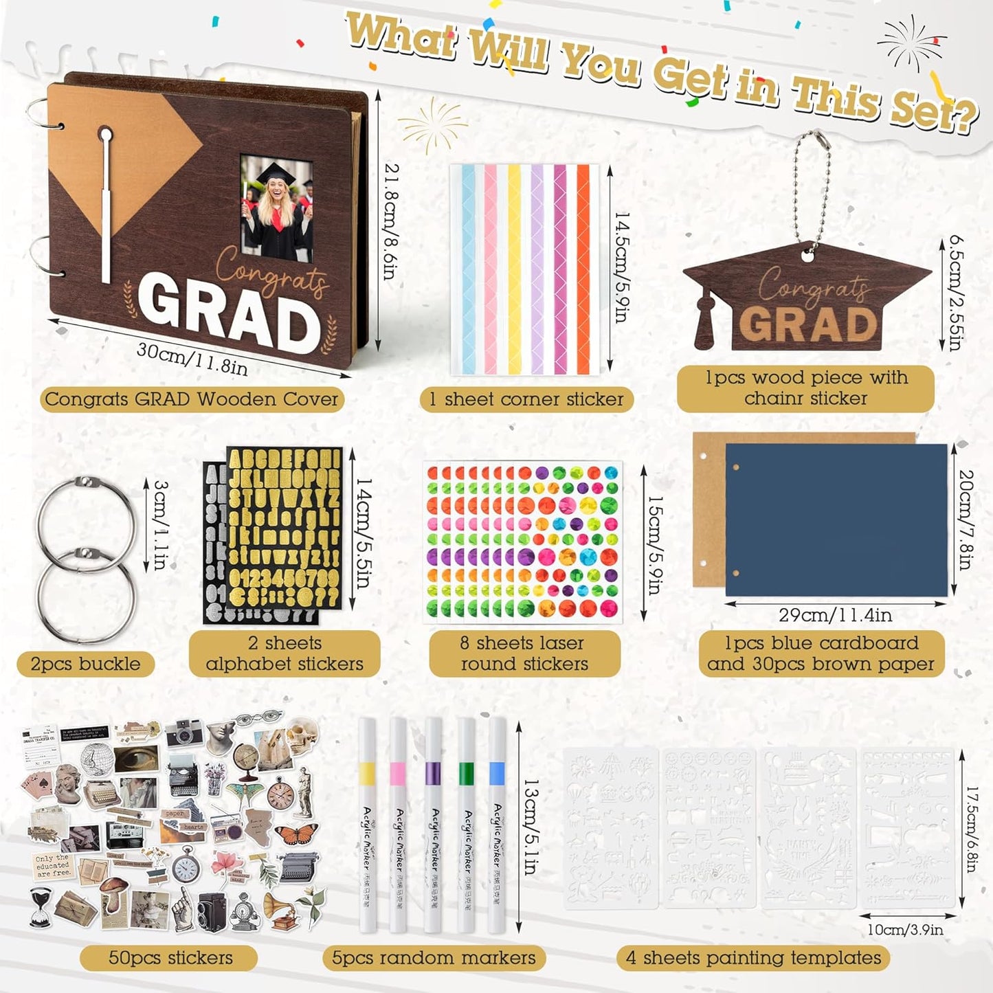 TICIAGA Congrats Grad Scrapbook Album Kit - 108PCS Large Wooden Graduation Photo Album Craft Set for Students, 11.8x8.6 Class of 2026 Memory Keepsake Book for High School College Graduation Party Gift