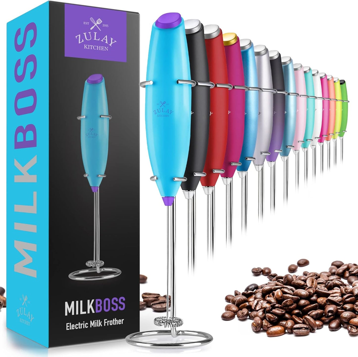 Zulay Kitchen Powerful Milk Frother AA Batteries Included – Ultra Fast Handheld Drink Mixer with Stainless Steel Whisk Stirrer for Coffee, Protein, Matcha & More, Frother Wand Electric Frothmate Black - Colors E
