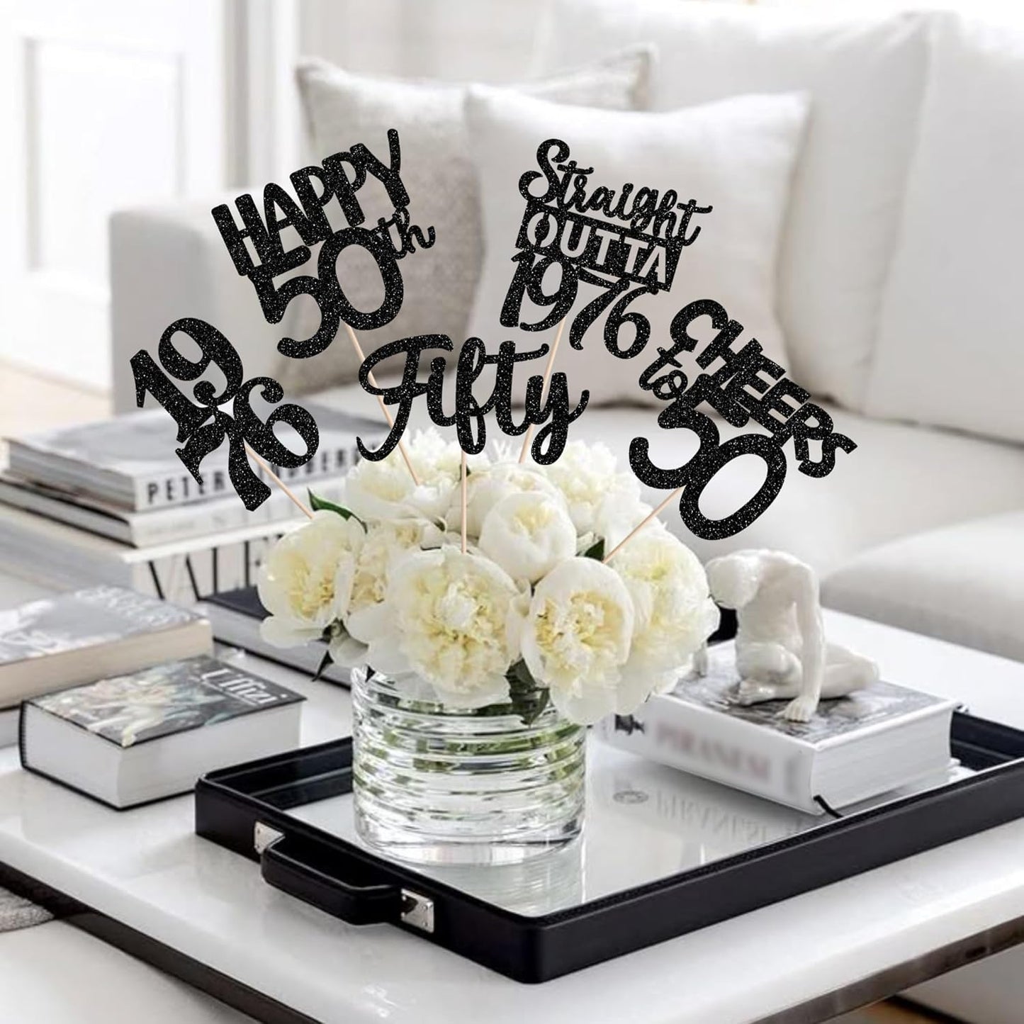 15 PCS 50th Birthday Centerpiece Sticks Fifty Happy 50th Straight Outta 1976 Table Flower Centerpieces Sticks Cheers to 50 Floral Decorations for 50th Birthday Party Centerpieces Supplies Black