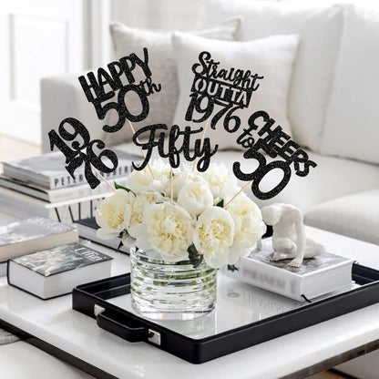 15 PCS 50th Birthday Centerpiece Sticks Fifty Happy 50th Straight Outta 1976 Table Flower Centerpieces Sticks Cheers to 50 Floral Decorations for 50th Birthday Party Centerpieces Supplies Black