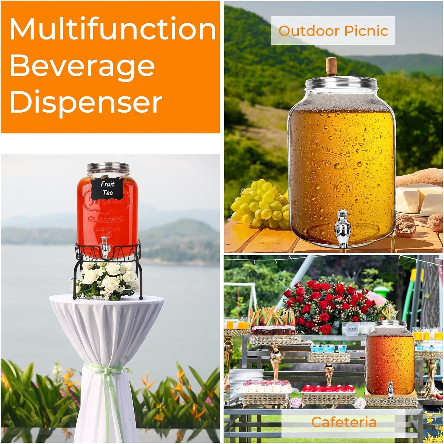 1 Gallon Glass Drink Dispensers, 2 Pack Clear Beverage Dispenser with Stand and Spigot for Parties, Drink Dispenser with Ice Core and Sticker for BBQ, Picnic, Lemonade Dispenser